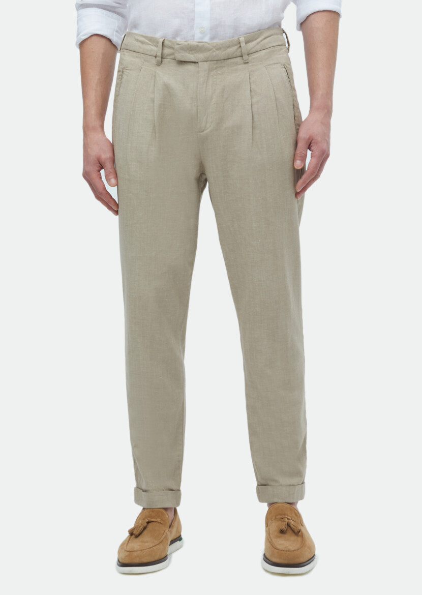Beige Weaving Carrot Fit Casual Cotton Blended Trousers 