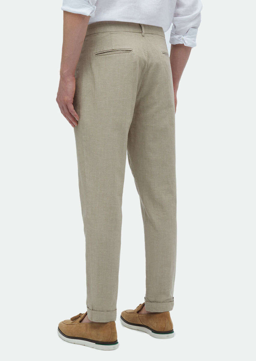 Beige Weaving Carrot Fit Casual Cotton Blended Trousers - 4