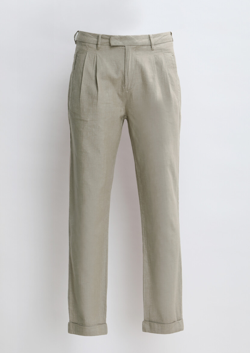 Beige Weaving Carrot Fit Casual Cotton Blended Trousers - 5