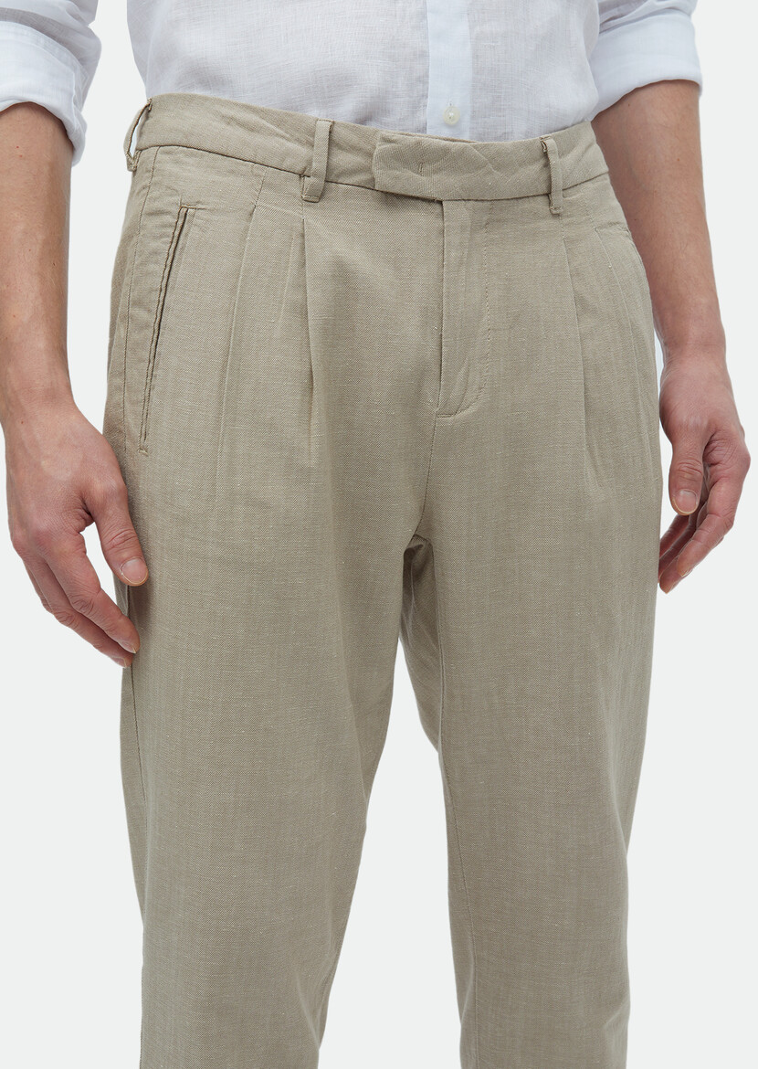 Beige Weaving Carrot Fit Casual Cotton Blended Trousers - 4