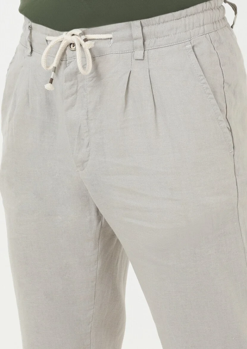 Beige Weaving Casual 100% Linen Trousers 