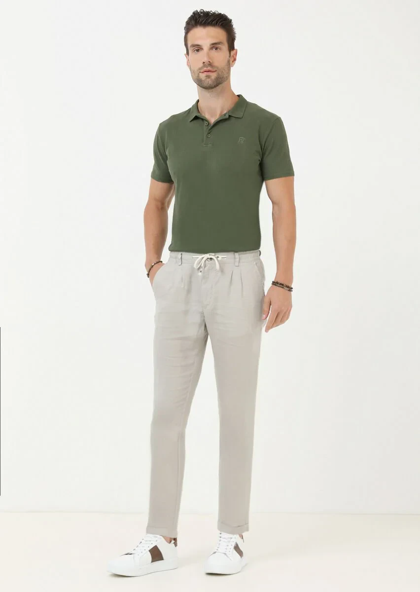 Beige Weaving Casual 100% Linen Trousers - 3