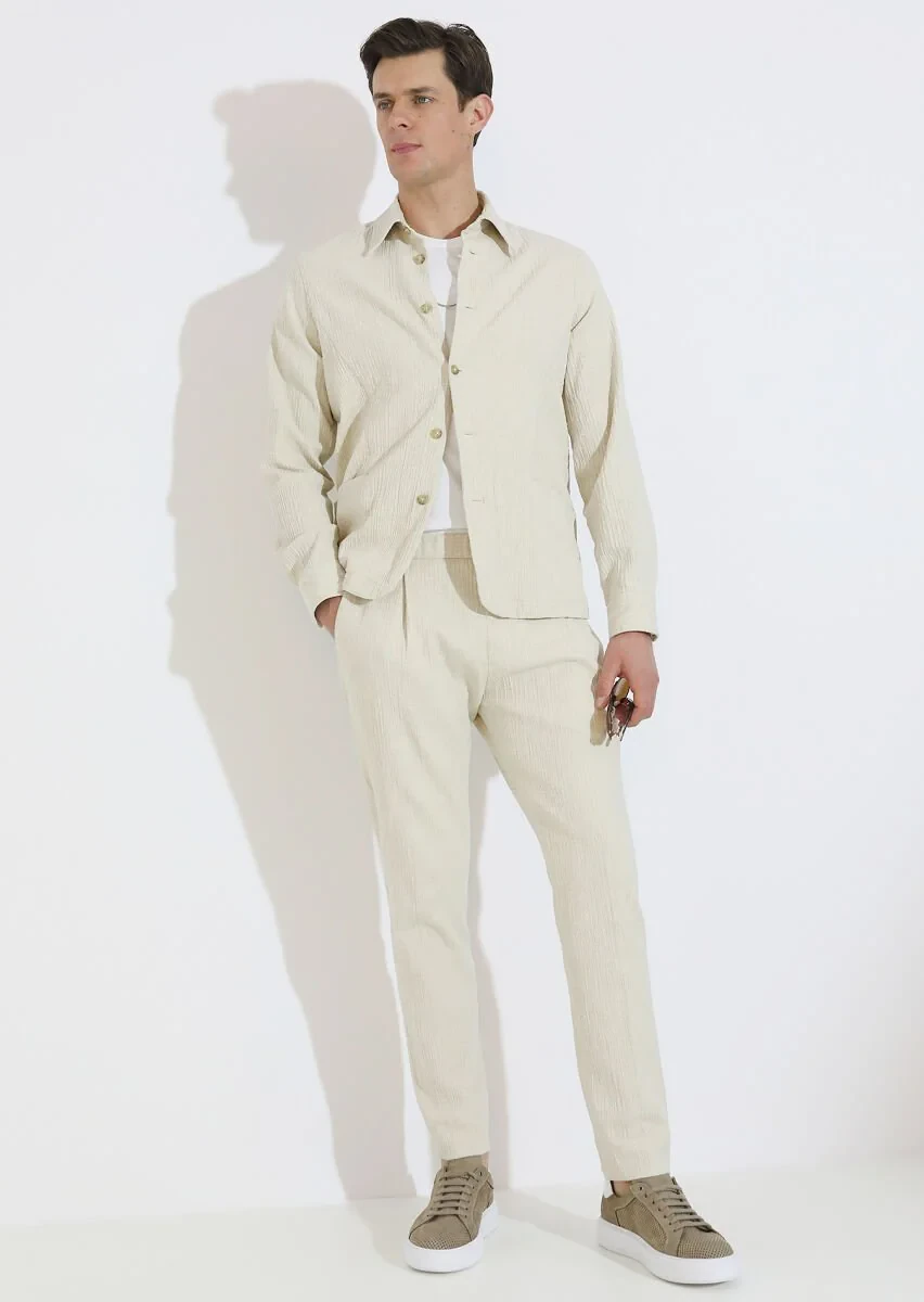 Beige Weaving Casual Cotton Blended Trousers - 1