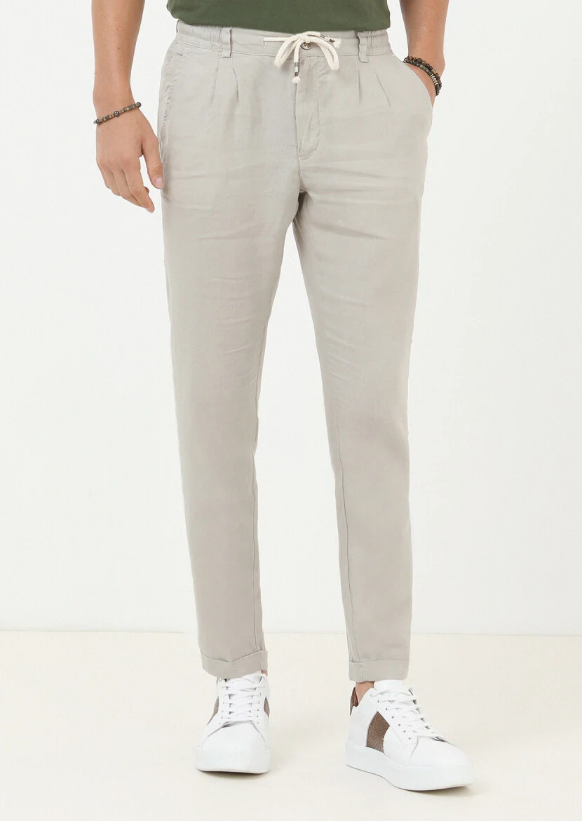 Beige Weaving Jogging Fit Casual 100% Linen Trousers - 1