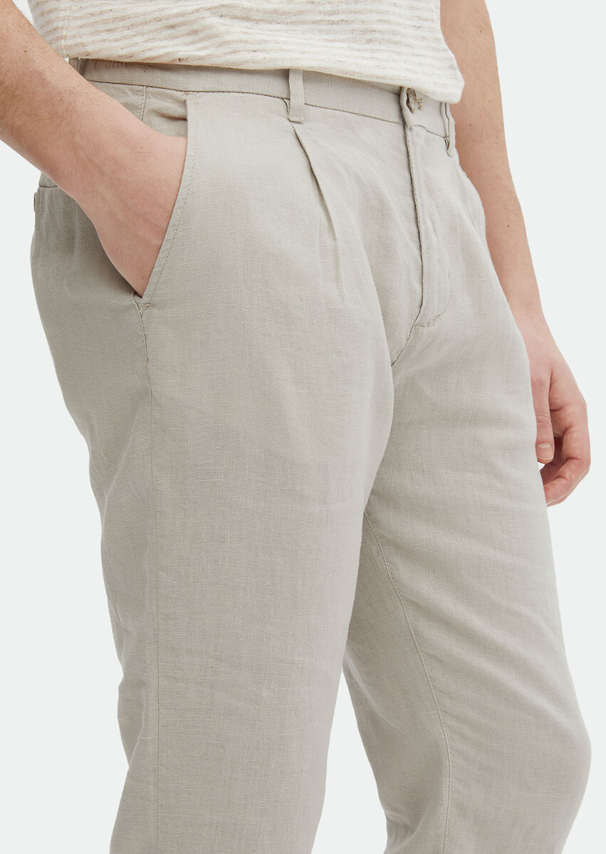 Beige Weaving Jogging Fit Casual 100% Linen Trousers - 3