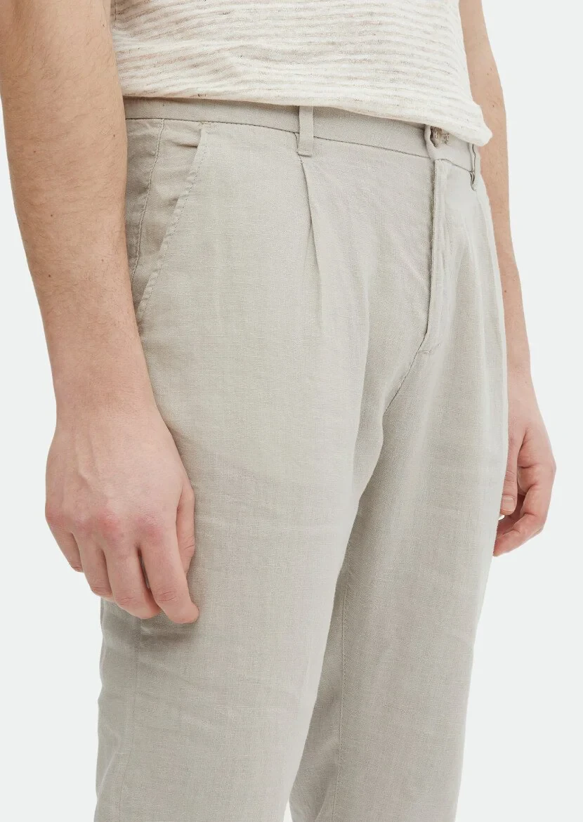Beige Weaving Jogging Fit Casual 100% Linen Trousers 