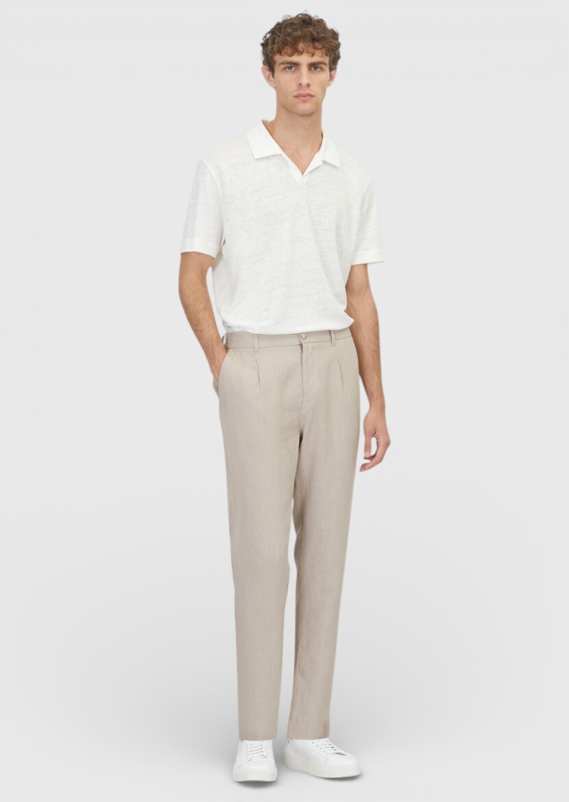 Beige Weaving Jogging Fit Casual 100% Linen Trousers - RAMSEY