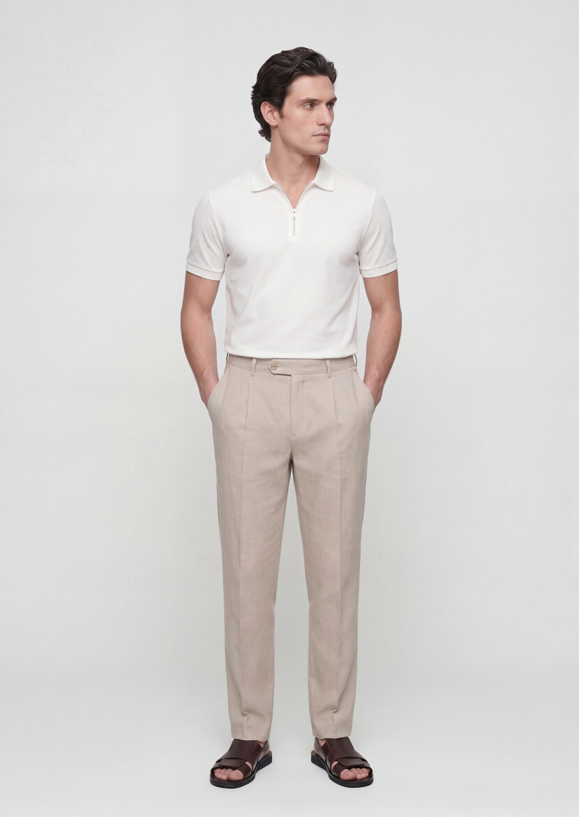Beige Weaving Jogging Fit Casual 100% Linen Trousers - RAMSEY