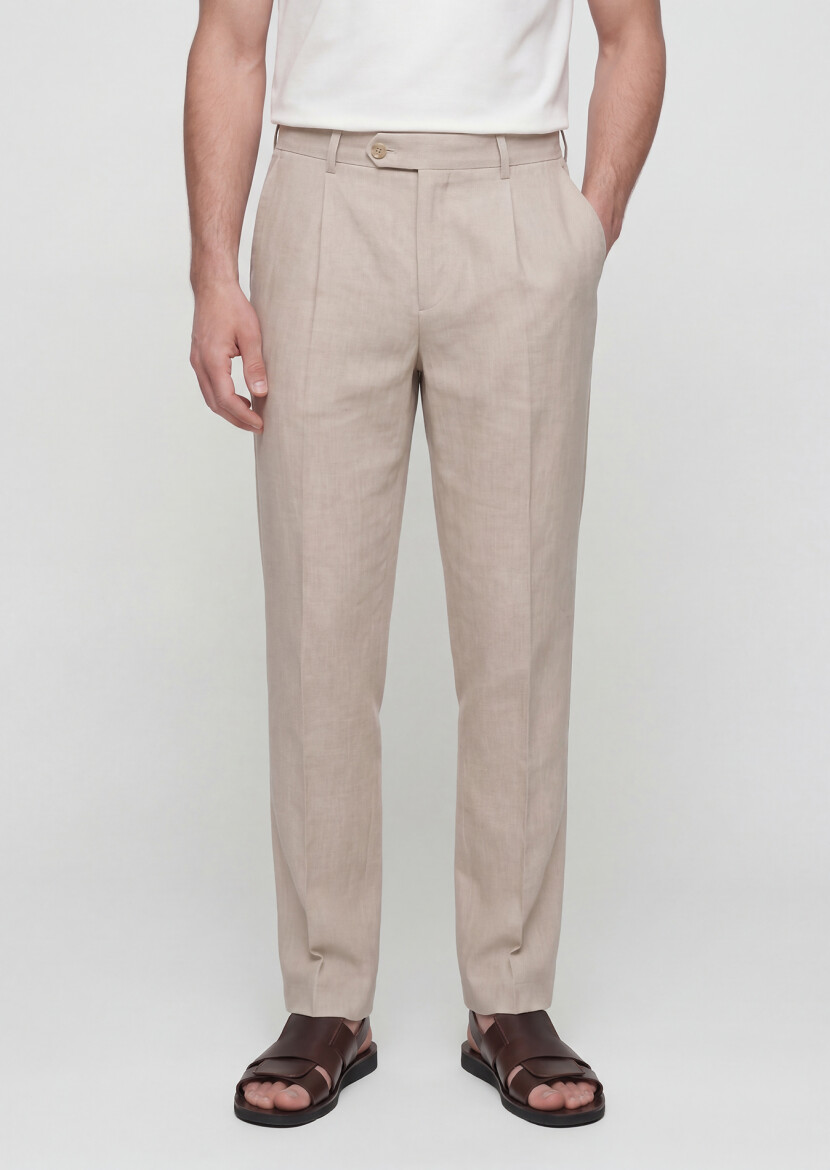 Beige Weaving Jogging Fit Casual 100% Linen Trousers - RAMSEY