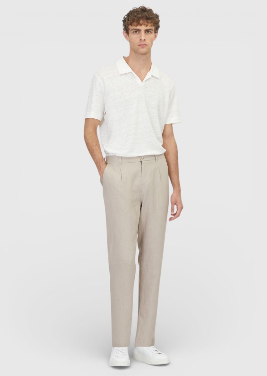 Beige Weaving Jogging Fit Casual 100% Linen Trousers - 1