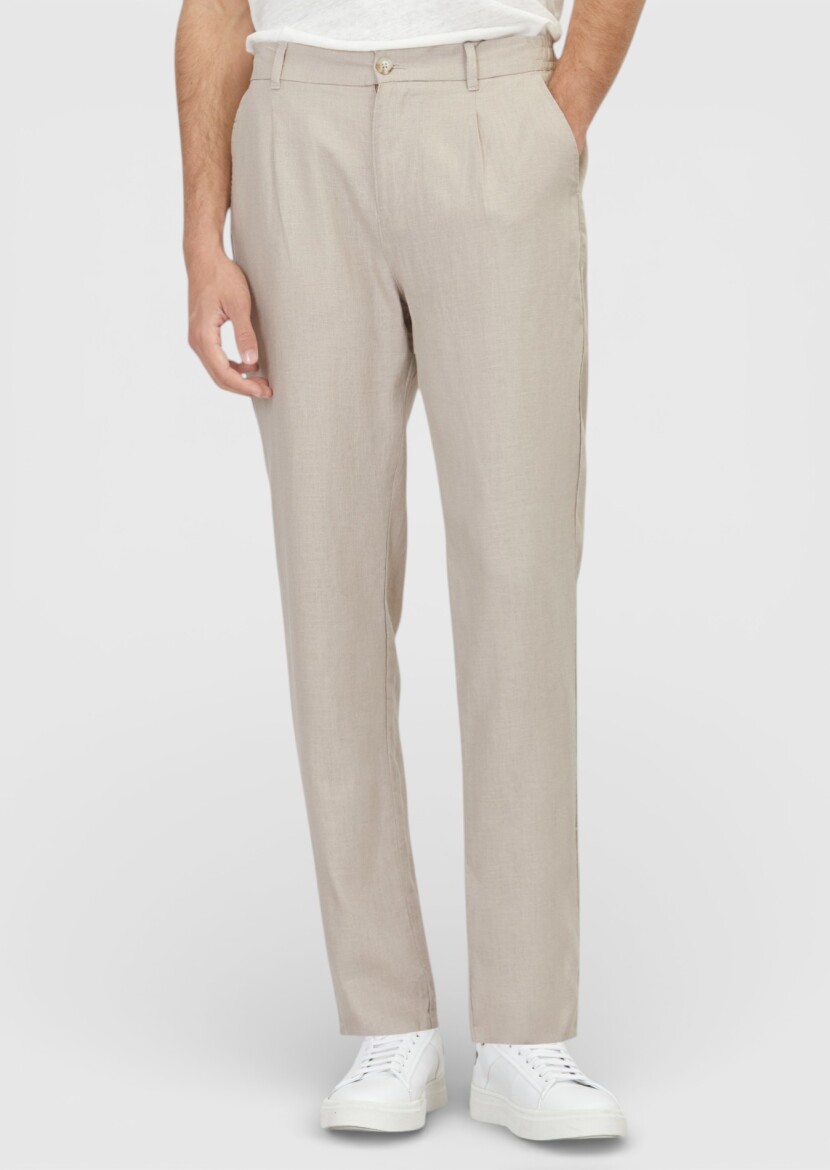 Beige Weaving Jogging Fit Casual 100% Linen Trousers 