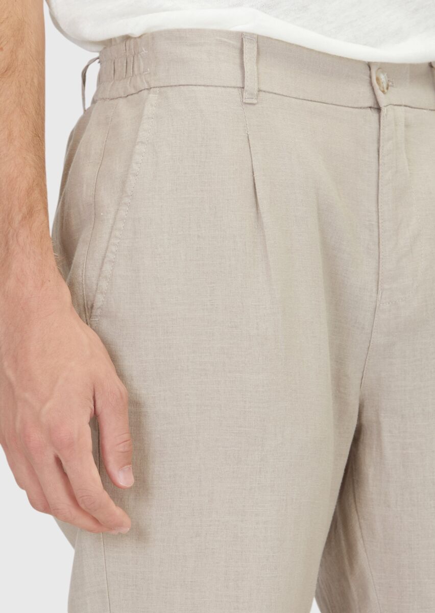 Beige Weaving Jogging Fit Casual 100% Linen Trousers - 3