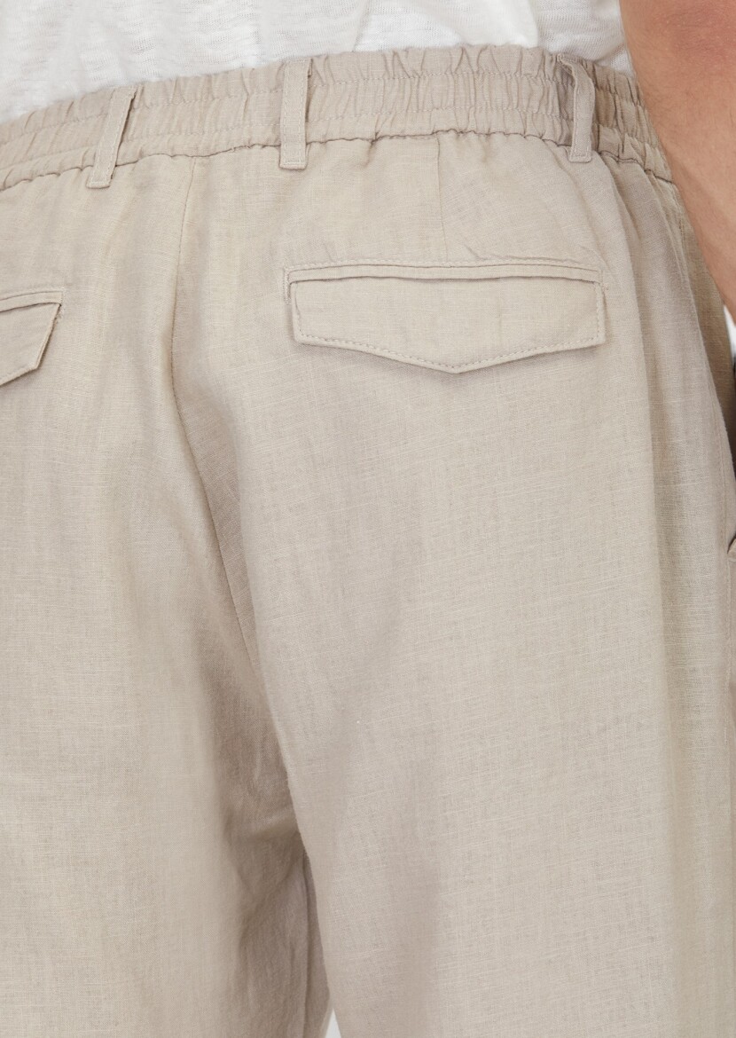 Beige Weaving Jogging Fit Casual 100% Linen Trousers - 4