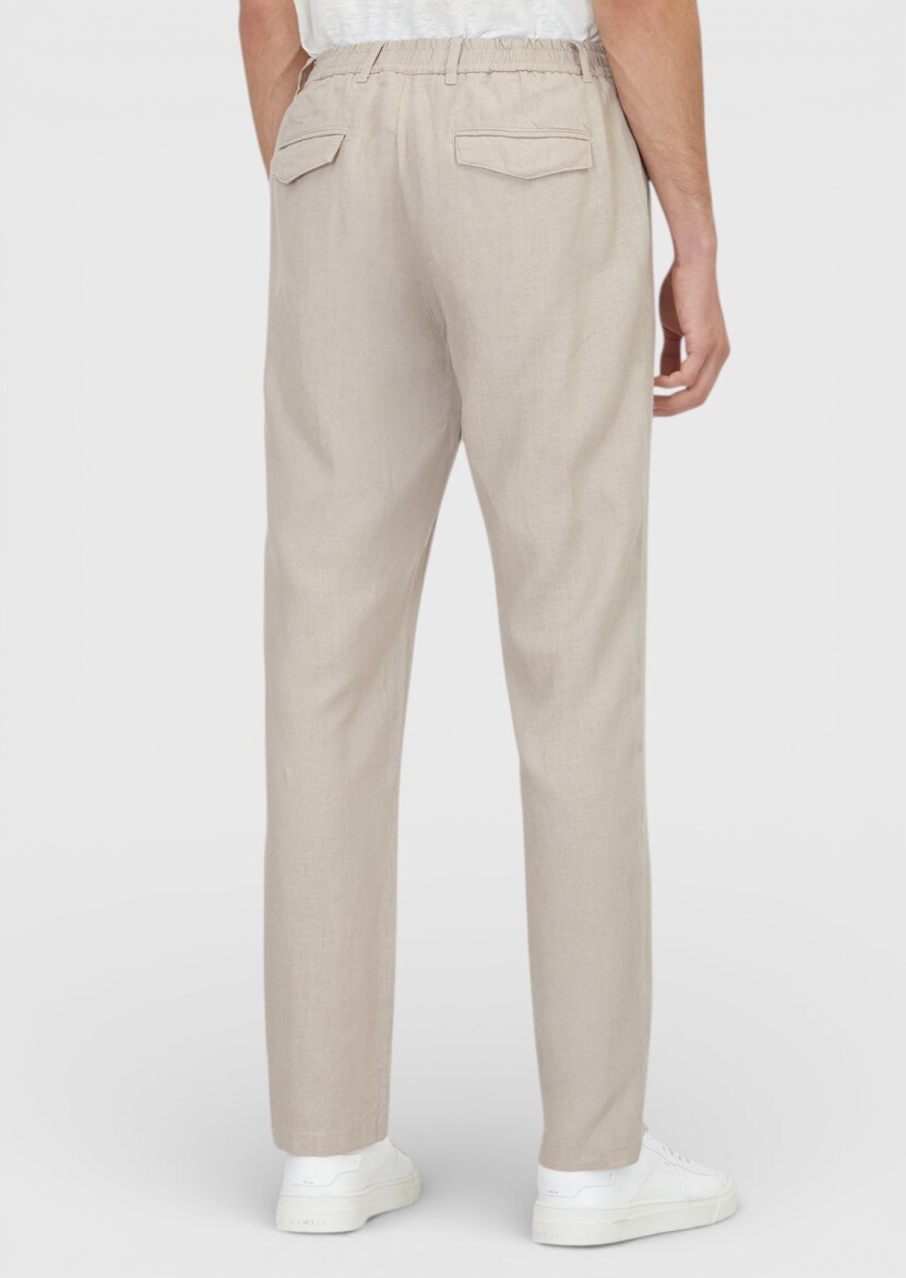 Beige Weaving Jogging Fit Casual 100% Linen Trousers - 5