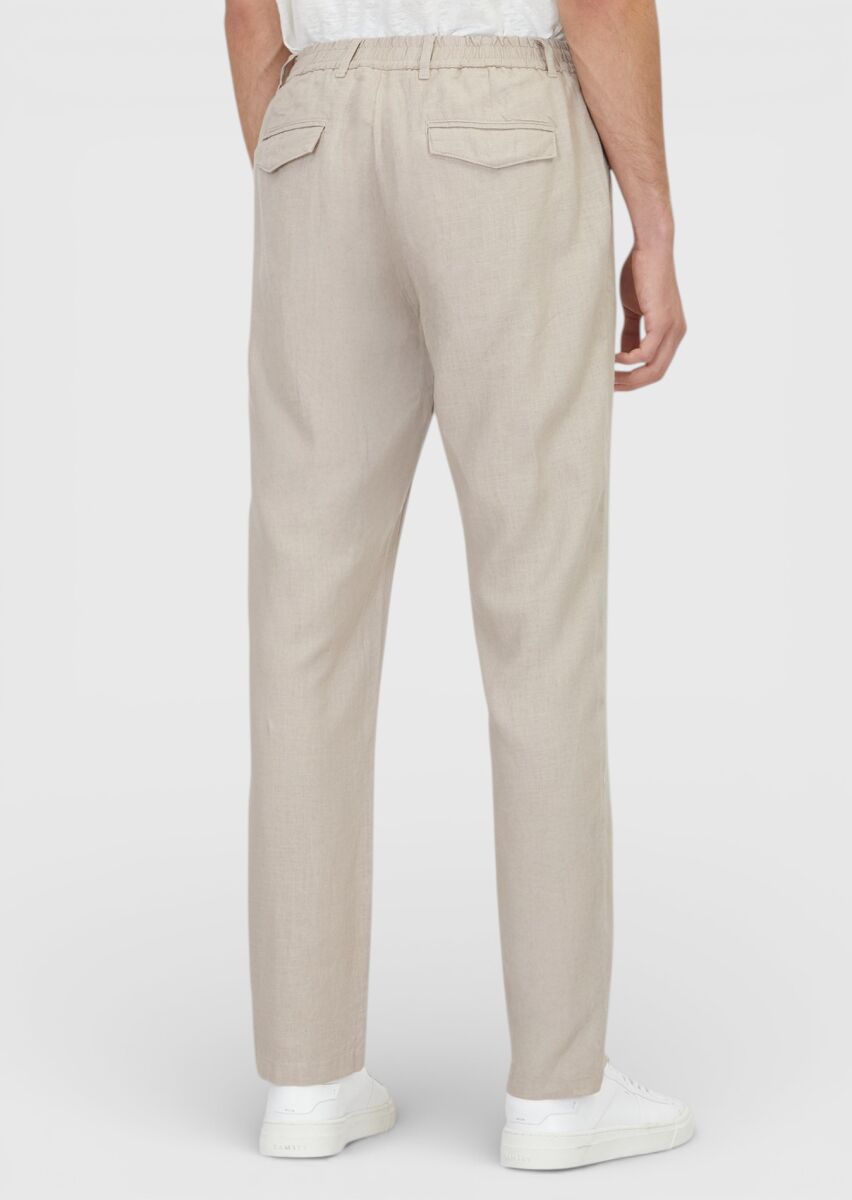 Beige Weaving Jogging Fit Casual 100% Linen Trousers - 5