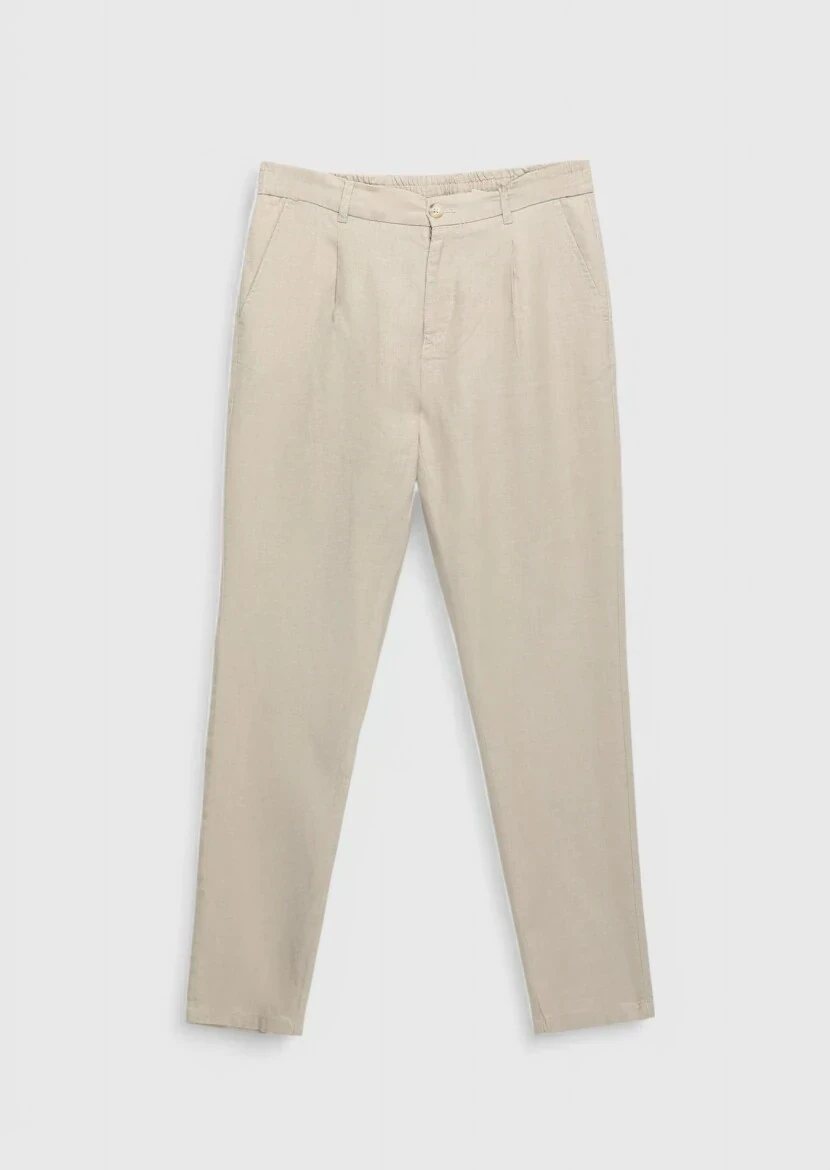 Beige Weaving Jogging Fit Casual 100% Linen Trousers - 6