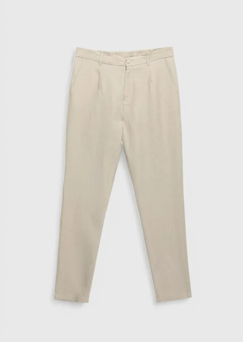 Beige Weaving Jogging Fit Casual 100% Linen Trousers - 6