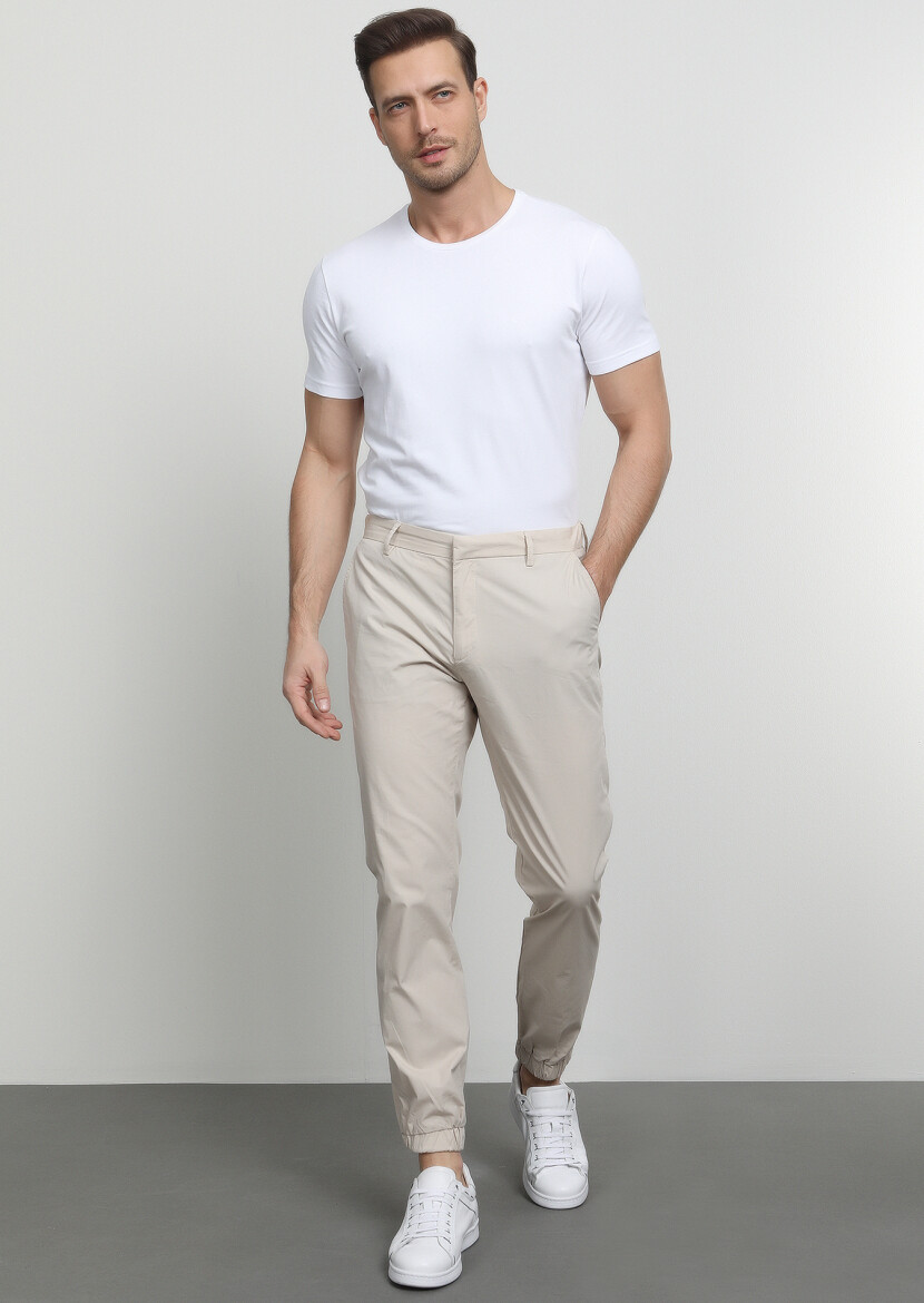 Beige Weaving Jogging Fit Casual Cotton Blended Trousers - 1