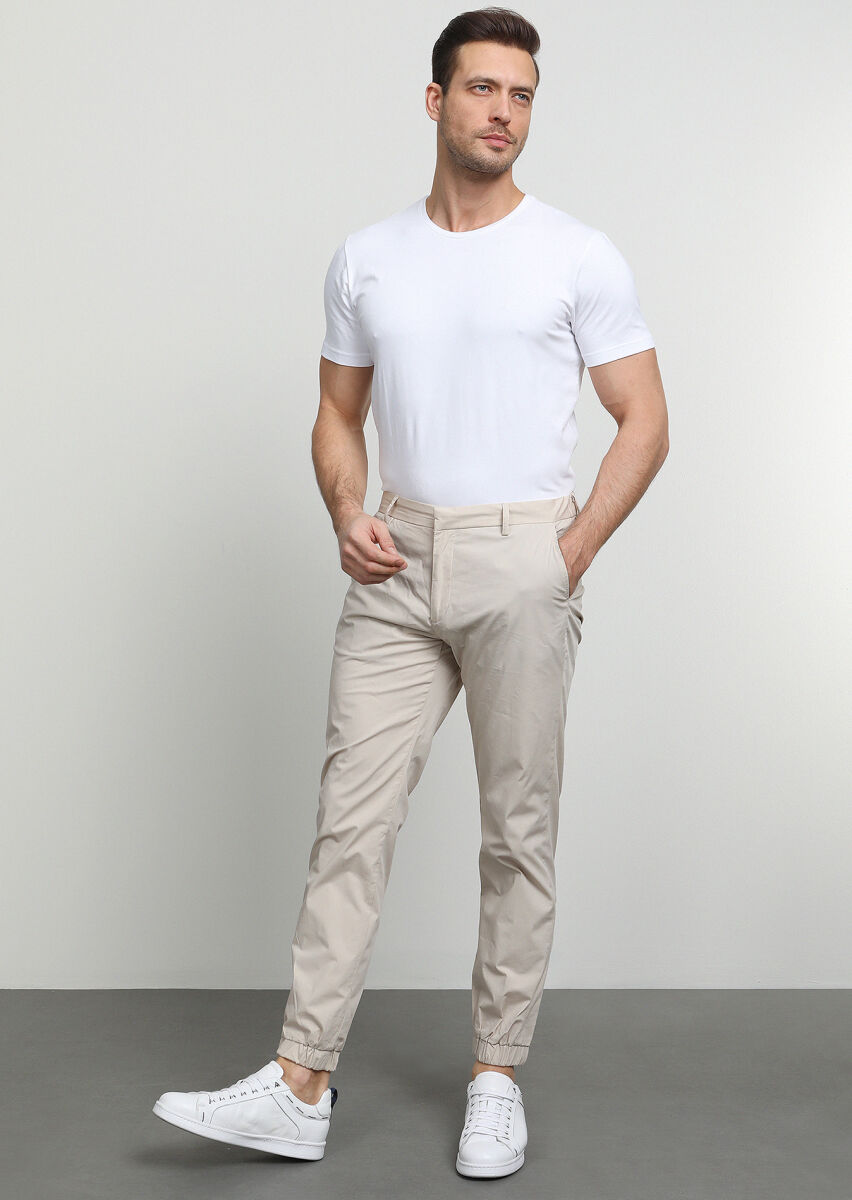 Beige Weaving Jogging Fit Casual Cotton Blended Trousers - 3