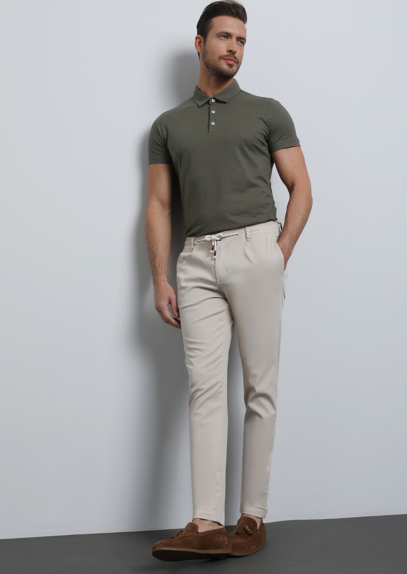 Beige Weaving Jogging Fit Casual Cotton Blended Trousers - 1