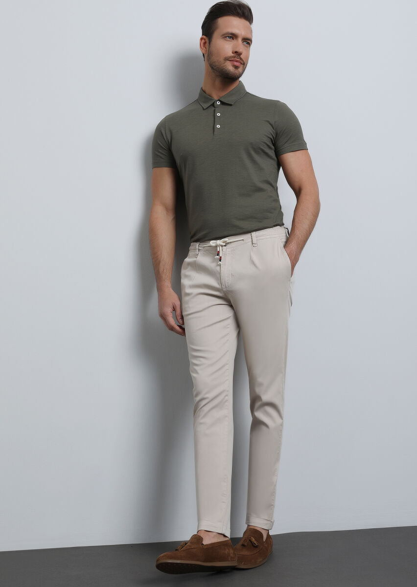 Beige Weaving Jogging Fit Casual Cotton Blended Trousers - 1