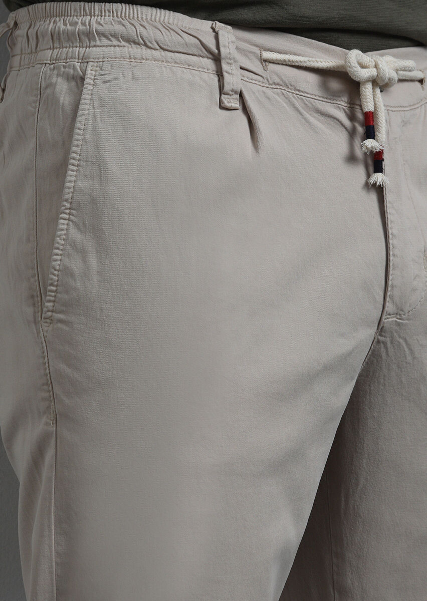 Beige Weaving Jogging Fit Casual Cotton Blended Trousers - 2