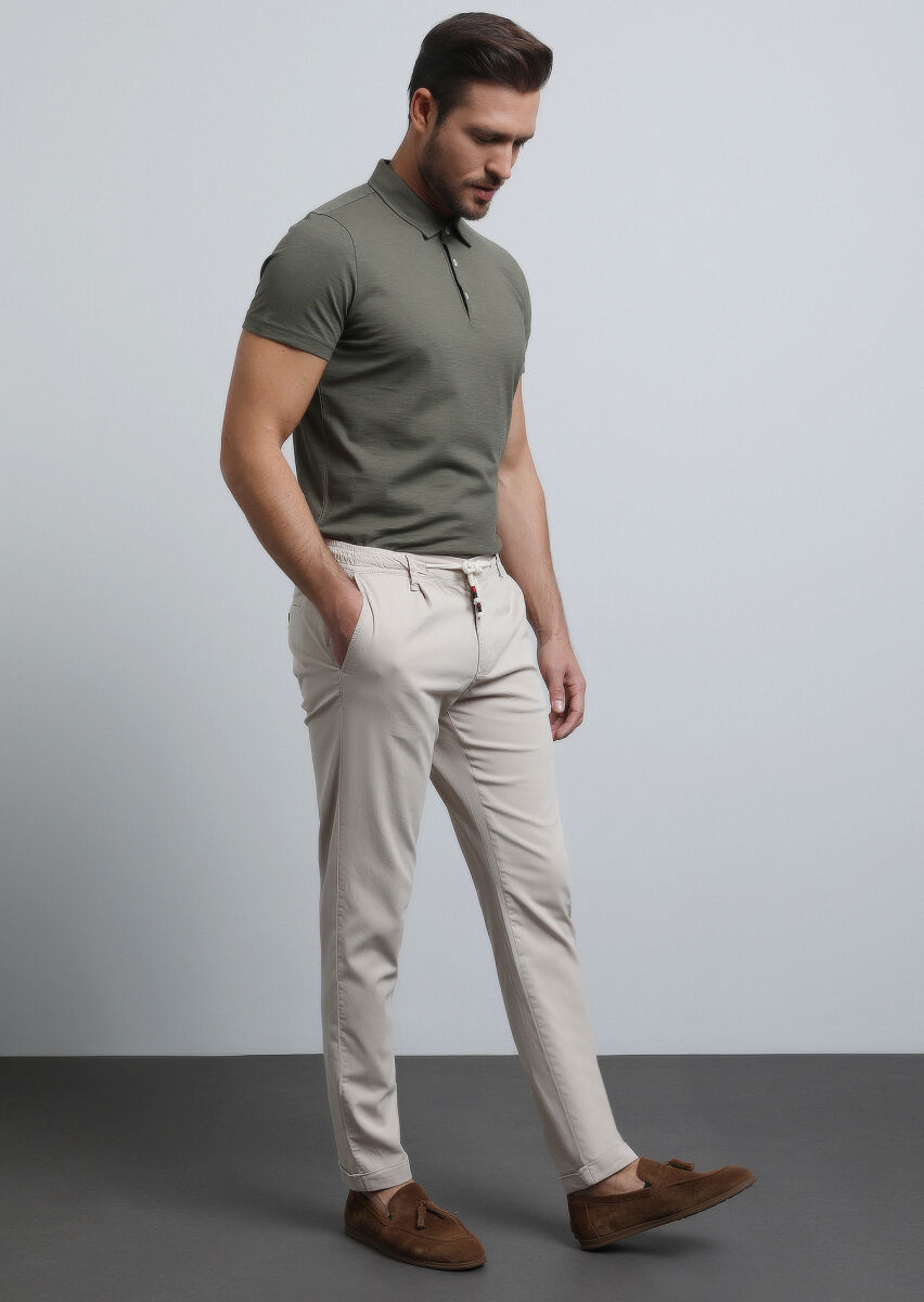 Beige Weaving Jogging Fit Casual Cotton Blended Trousers - 3