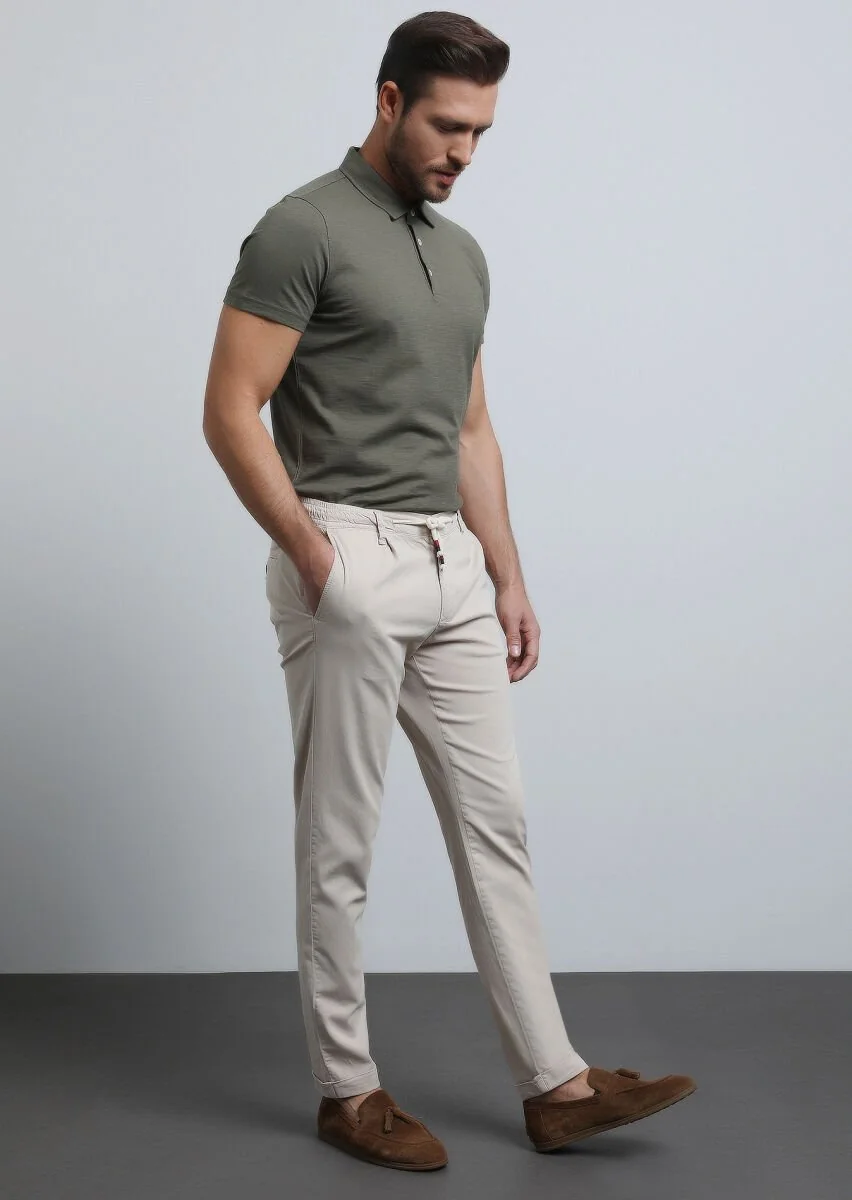 Beige Weaving Jogging Fit Casual Cotton Blended Trousers - 4
