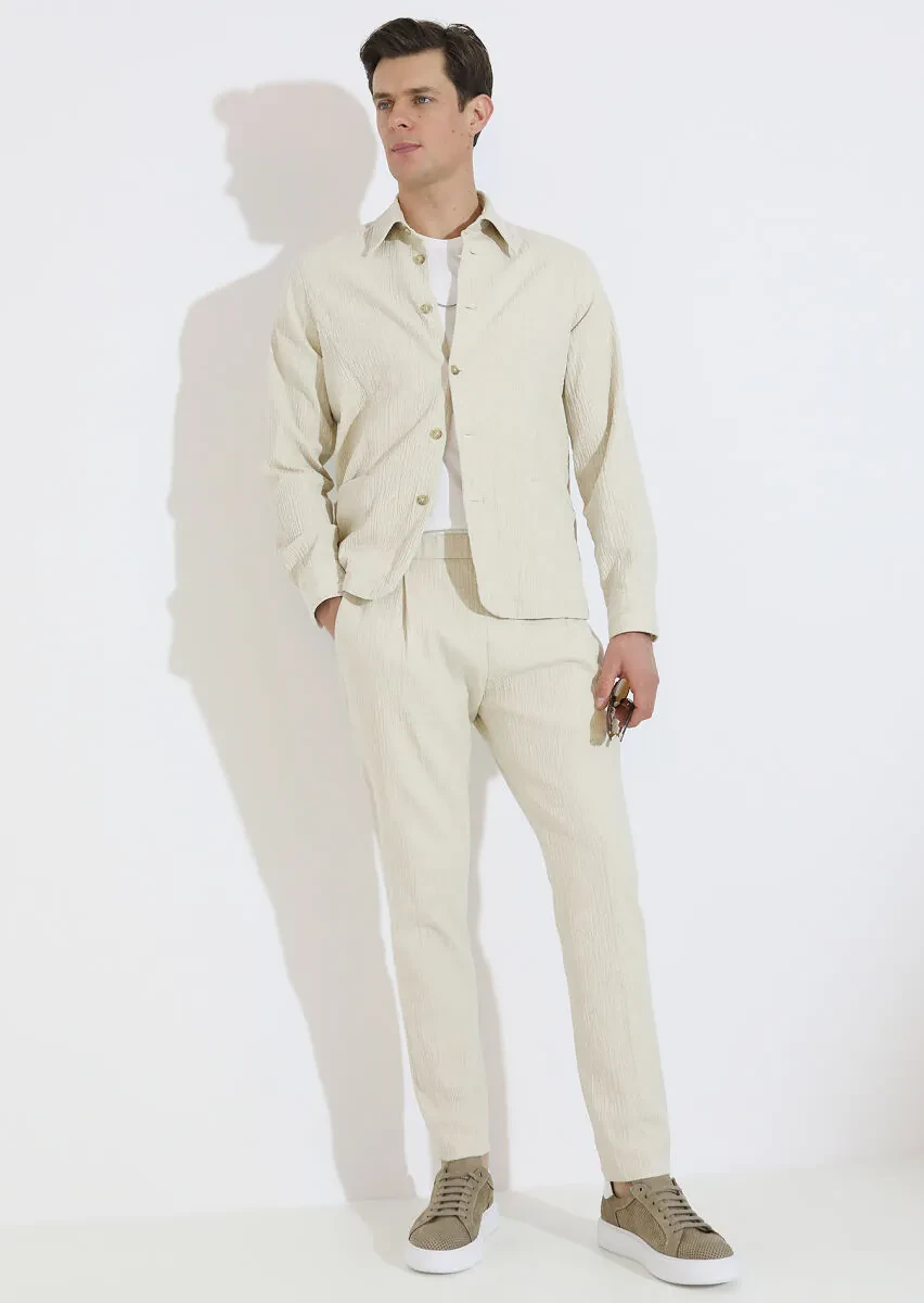 Beige Weaving Jogging Fit Casual Cotton Blended Trousers - 1