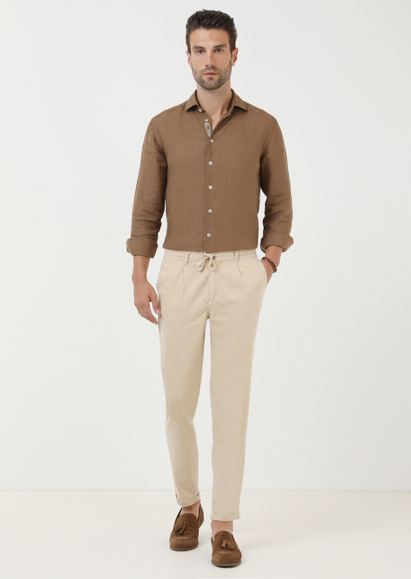 Beige Weaving Jogging Fit Casual Cotton Blended Trousers - 1