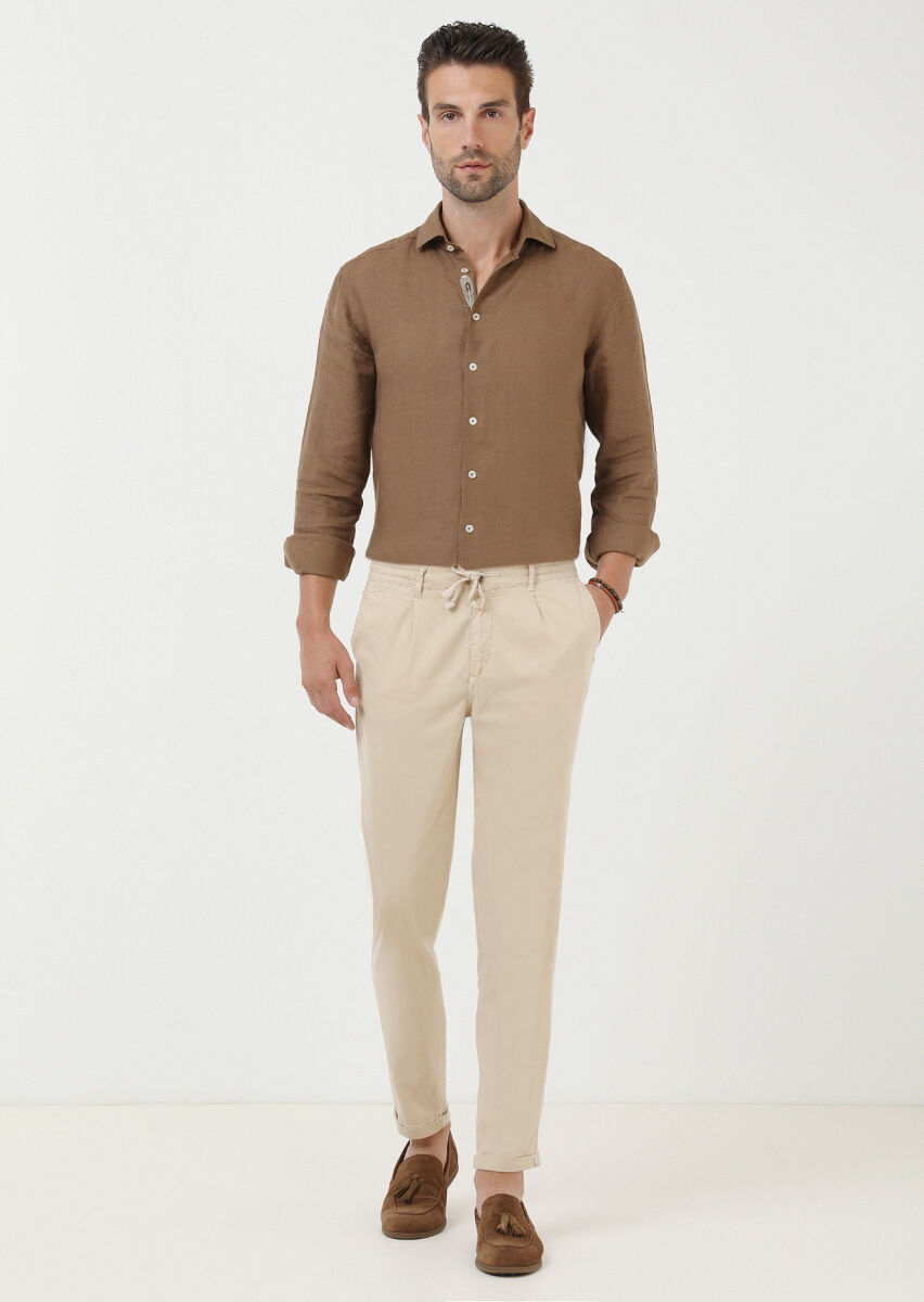 Beige Weaving Jogging Fit Casual Cotton Blended Trousers - 1