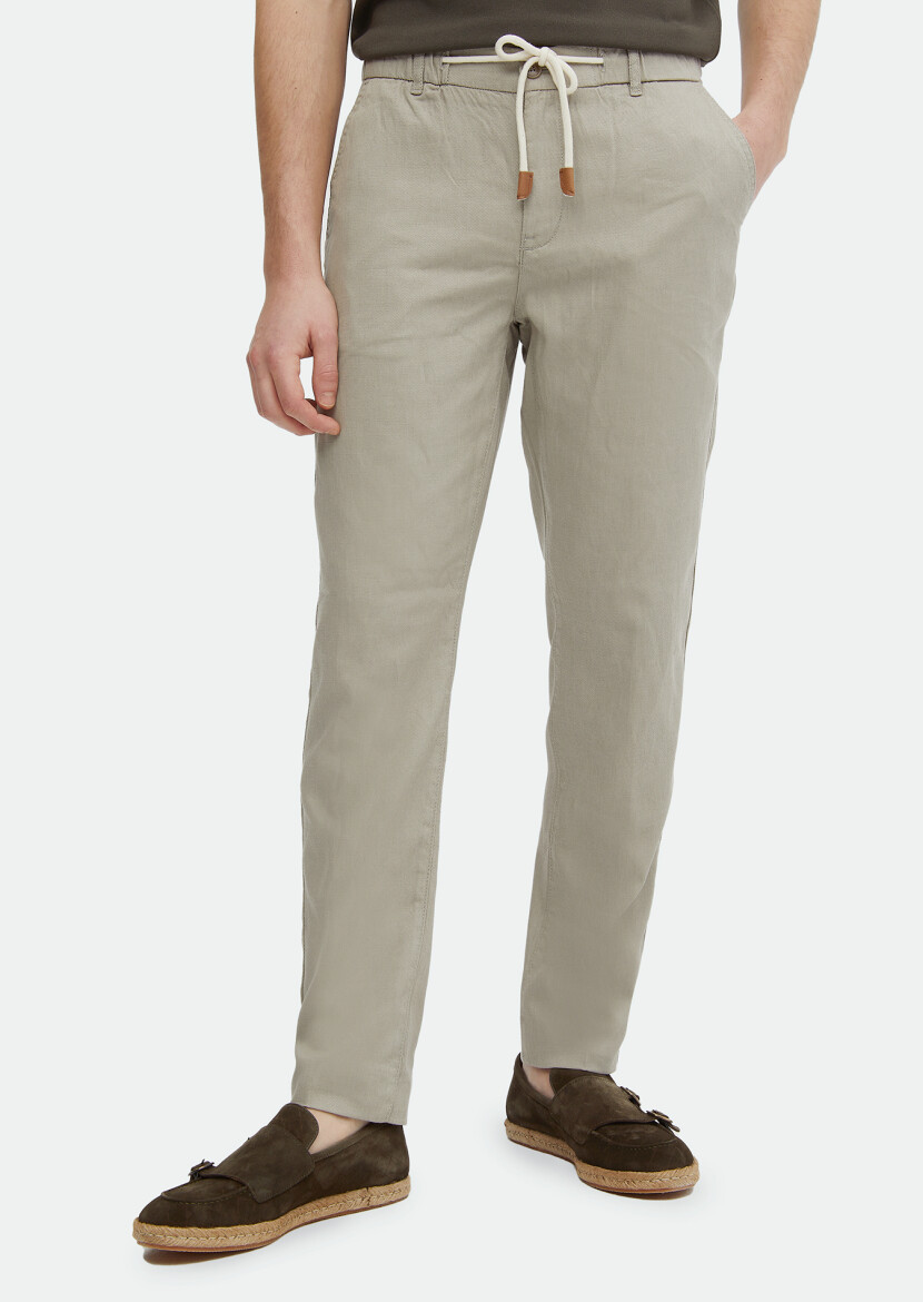 Beige Weaving Jogging Fit Casual Cotton Blended Trousers 