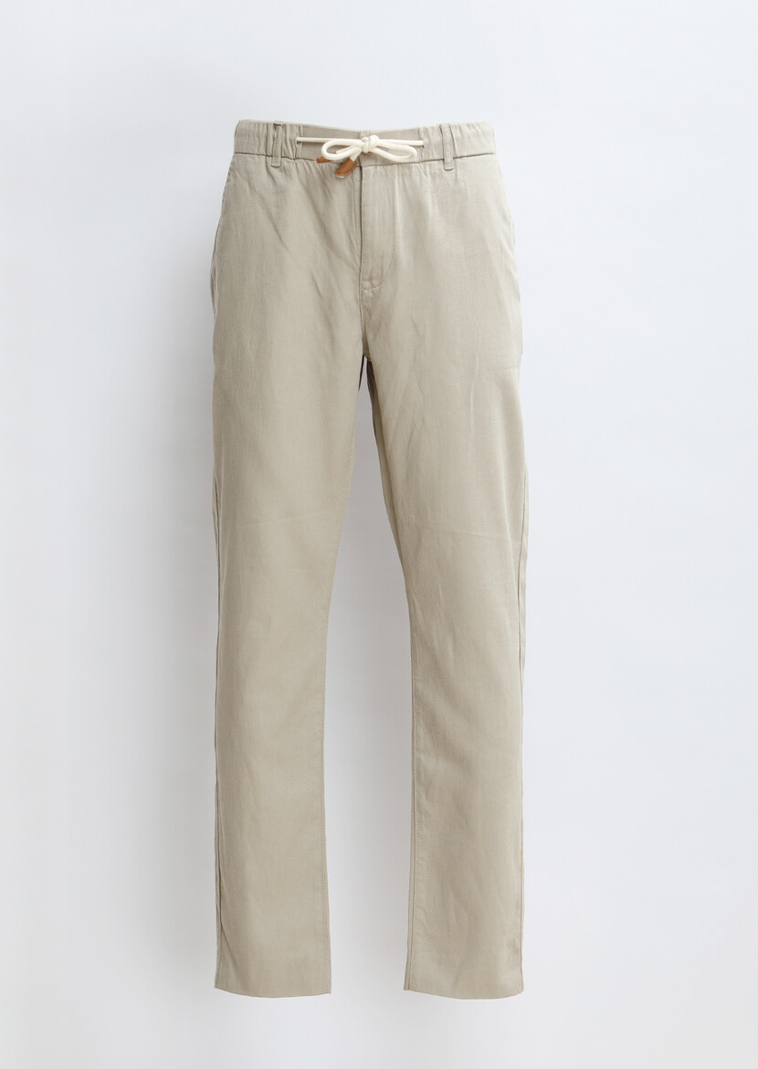 Beige Weaving Jogging Fit Casual Cotton Blended Trousers - 5