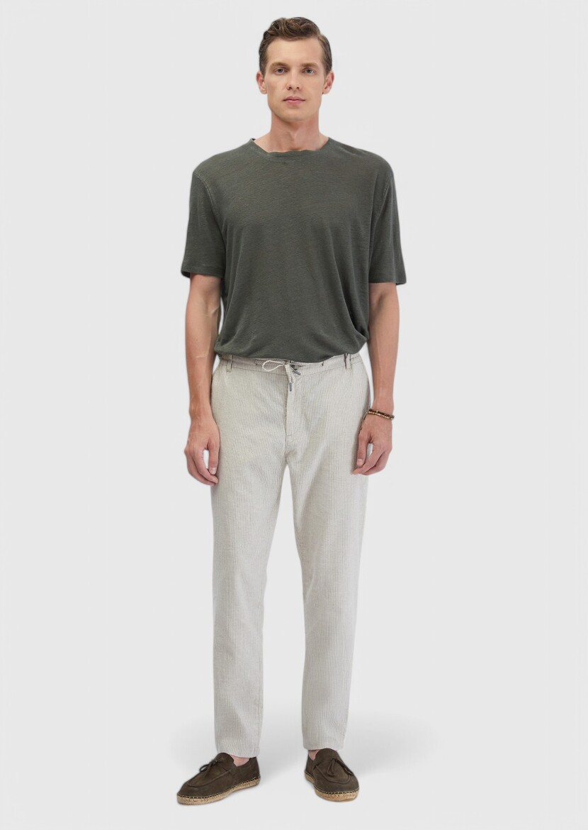 Beige Weaving Jogging Fit Casual Cotton Blended Trousers - RAMSEY