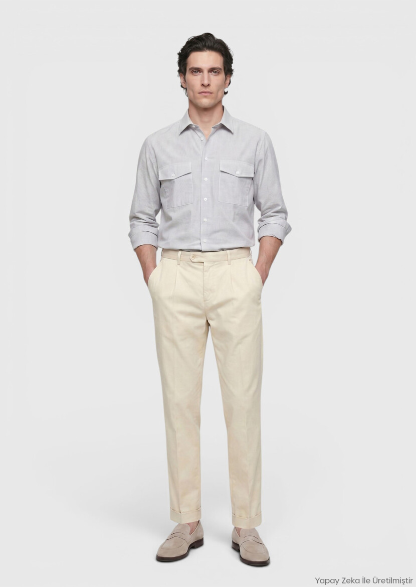 Beige Weaving Jogging Fit Casual Cotton Blended Trousers - RAMSEY