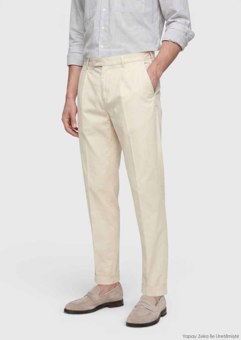 Beige Weaving Jogging Fit Casual Cotton Blended Trousers - RAMSEY