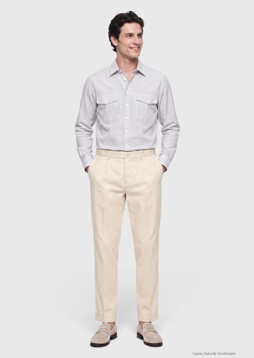 Beige Weaving Jogging Fit Casual Cotton Blended Trousers - RAMSEY
