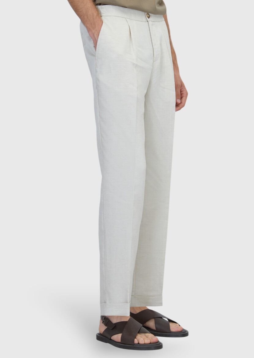 Beige Weaving Jogging Fit Casual Linen Blended Trousers - RAMSEY