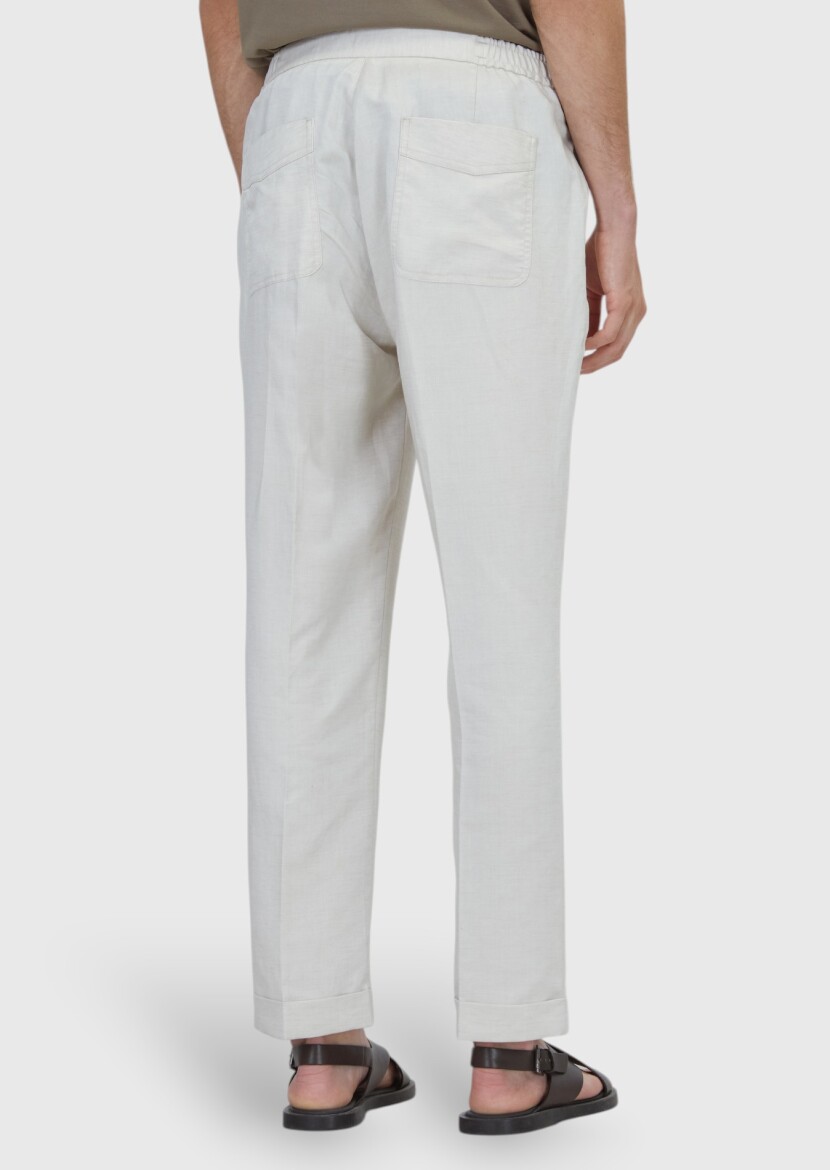 Beige Weaving Jogging Fit Casual Linen Blended Trousers - 5