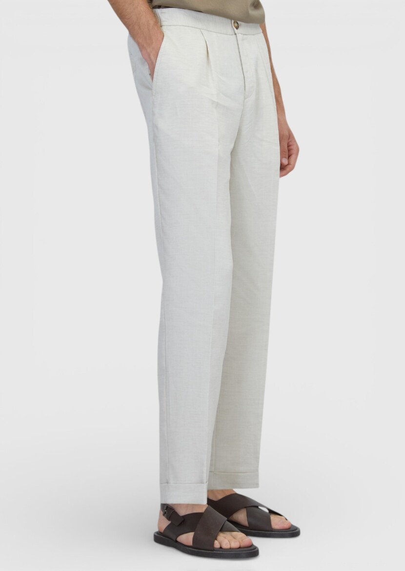 Beige Weaving Jogging Fit Casual Linen Blended Trousers - RAMSEY