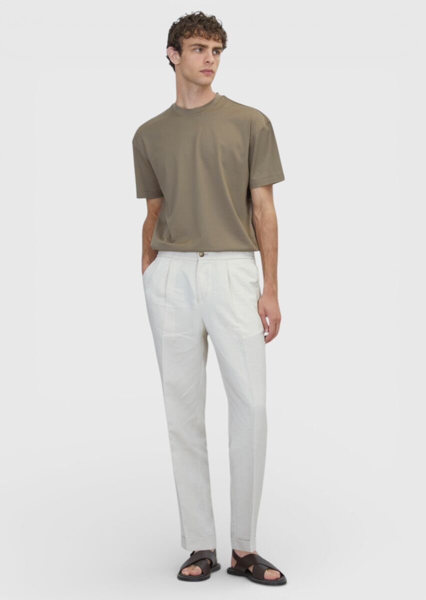 Beige Weaving Jogging Fit Casual Linen Blended Trousers - 1