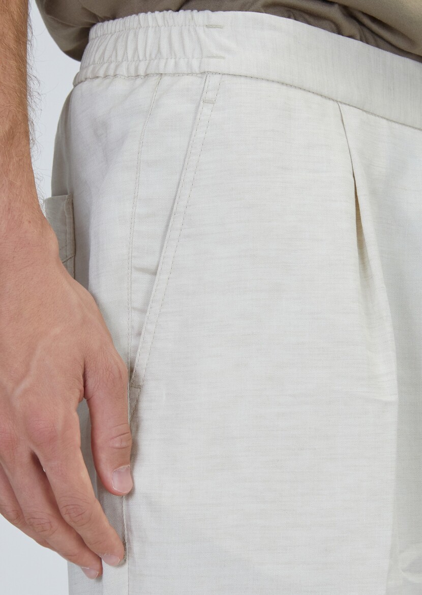 Beige Weaving Jogging Fit Casual Linen Blended Trousers - 3