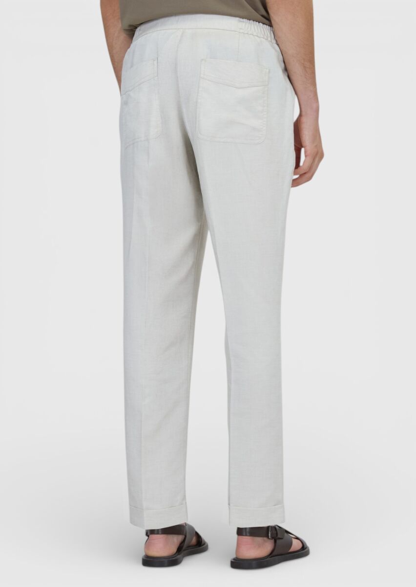 Beige Weaving Jogging Fit Casual Linen Blended Trousers - 5