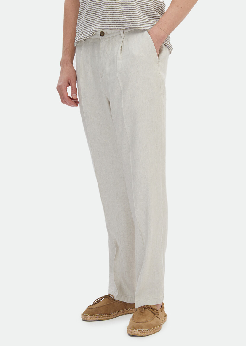 Beige Weaving Oversize Fit Casual Linen Blended Trousers - 2