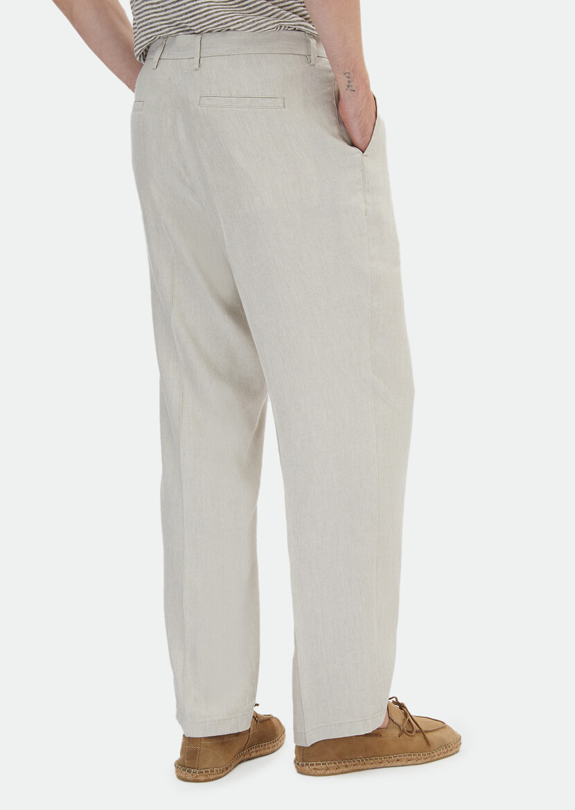 Beige Weaving Oversize Fit Casual Linen Blended Trousers - 4