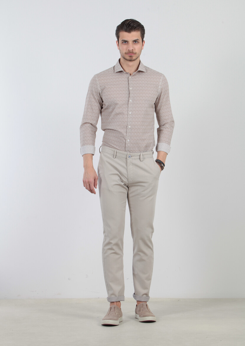 Beige Weaving Regular Fit Casual 100% Cotton Trousers - 1