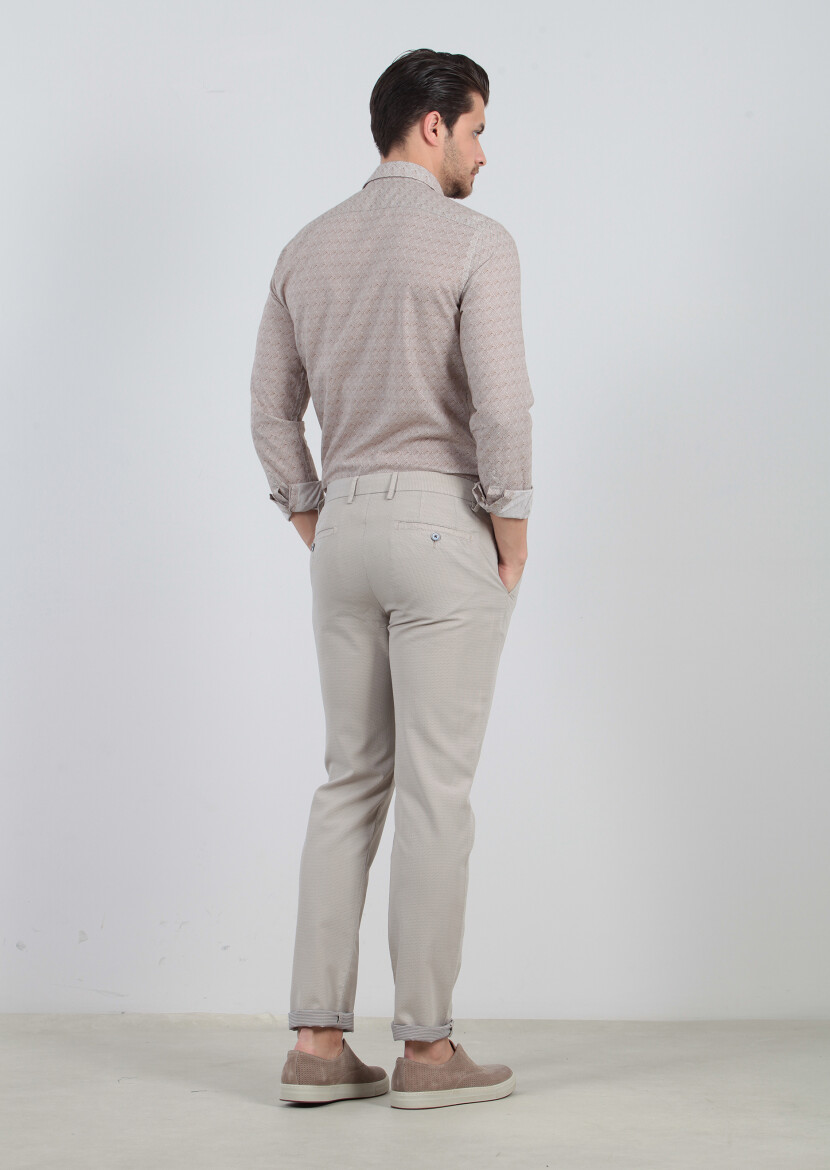 Beige Weaving Regular Fit Casual 100% Cotton Trousers - 4