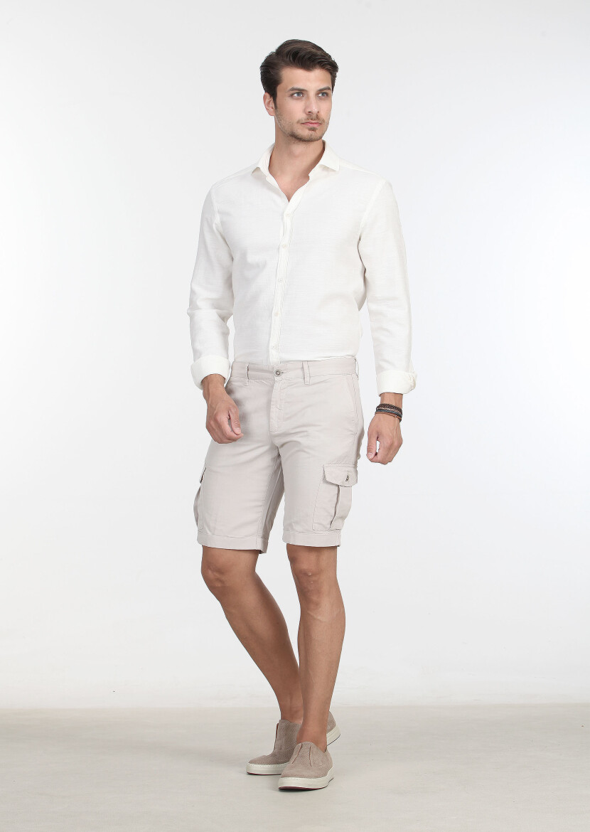 Beige Weaving Regular Fit Casual Cotton Blended Bermuda - 2