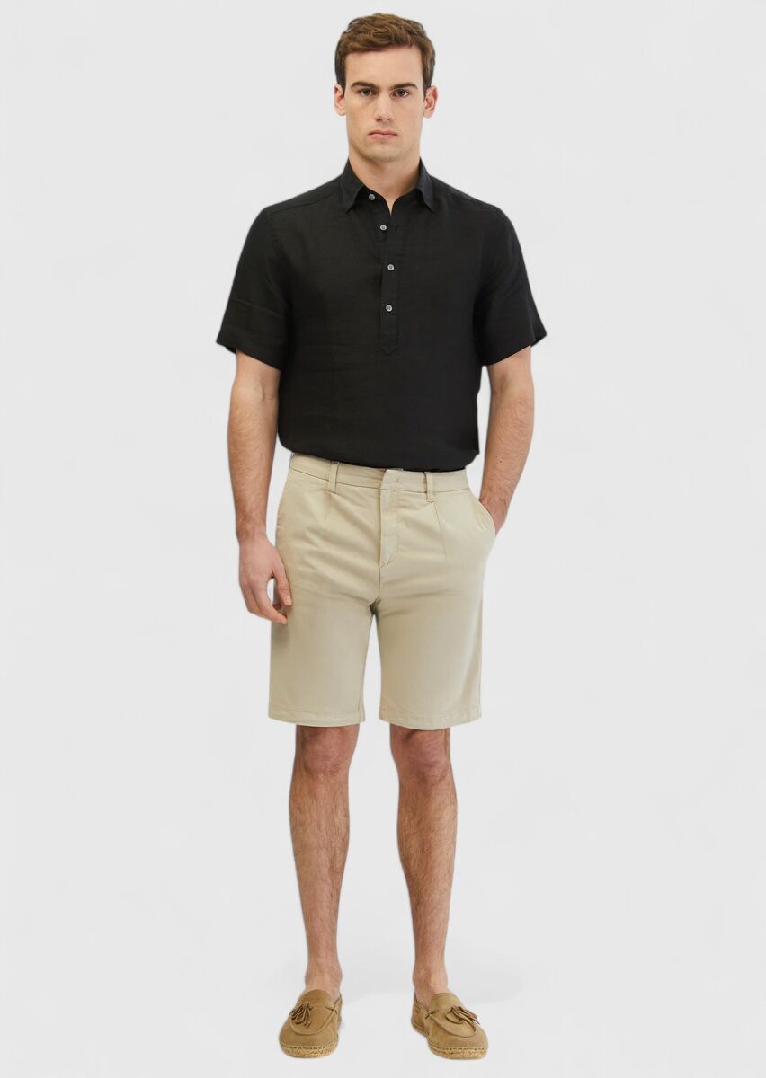 Beige Weaving Regular Fit Casual Cotton Blended Bermuda - 1