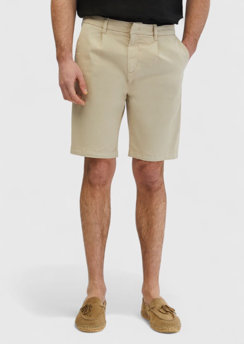 Beige Weaving Regular Fit Casual Cotton Blended Bermuda - 2